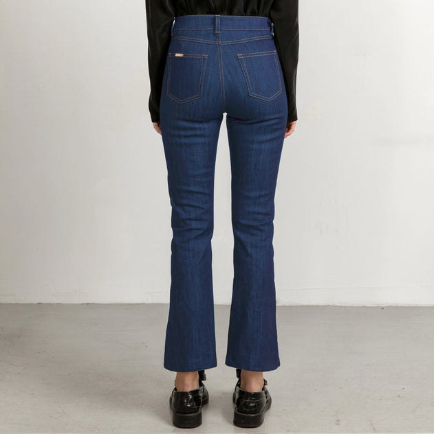 Cropped Mid Blue Flared Jeans With Sand Stitch