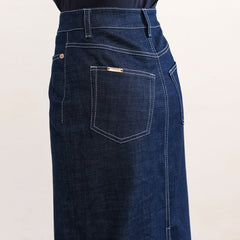 Midi Denim Skirt White Stitching Mid Blue