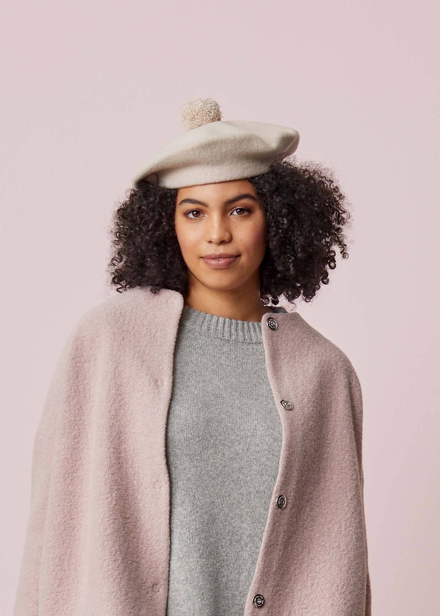 Pom Pom Beret White Sand
