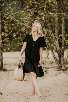 Frill Button Dress Black