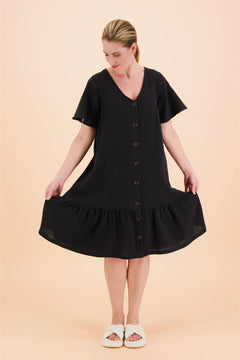 Frill Button Dress Black