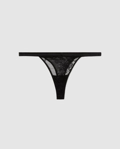 Floral Lace Satin Thong Black