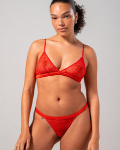 Floral Lace Satin Triangle Bralette Fiery Red